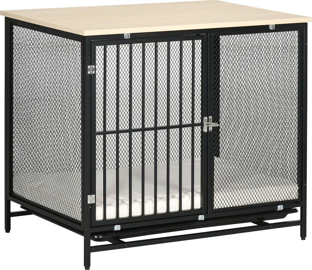 A dog crate with a wooden top and metal mesh sides, shown from the front.