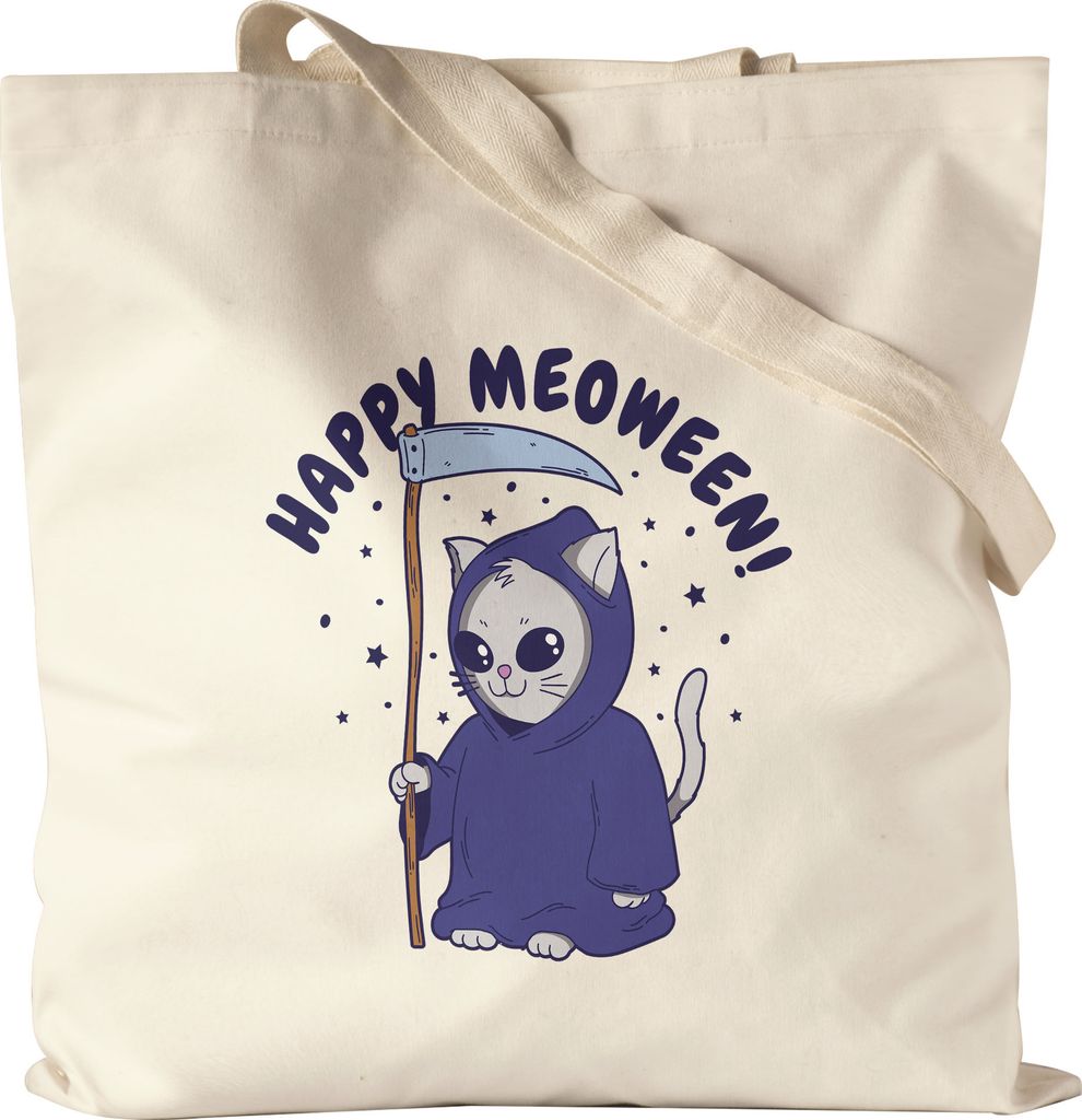 Happy Moeween Emaille Jutebeutel Stoffbeutel Mietze Kater Cat Humor Sarkasmus Oktober Tod Sensenmann Axt Happy Halloween