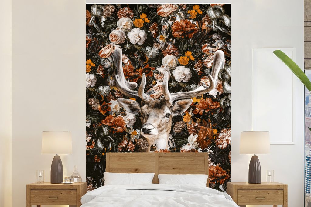 MuchoWow Fototapete für Wohnzimmer oder Schlafzimmer Wandtapete Vinyl Motivtapete Hirsch - Orange - Geweih - 155x240 cm - Tapete