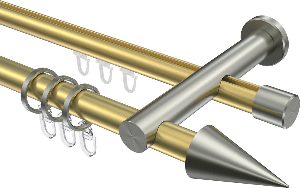Interdeco Rundrohr-Innenlaufstange / Gardinenstange (Kombination) Messing-Optik / Edelstahl-Optik, Typ Platon Savio (Kegel), 20 mm Ø 2-läufig, 18...