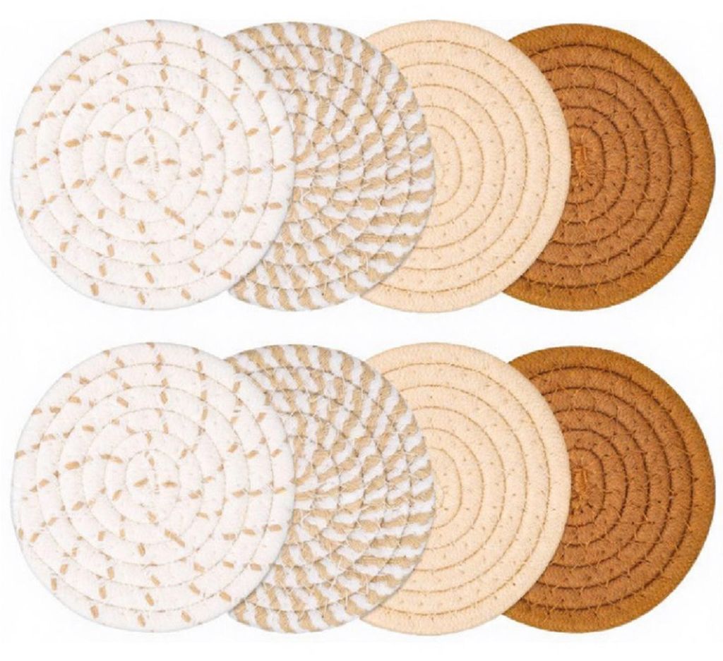Boho-Baumwoll-Untersetzer-Set mit Halter, saugfähig, hitzebeständig, rutschfest, wiederverwendbar, rustikale Heimdekoration für Tassen und Becher |