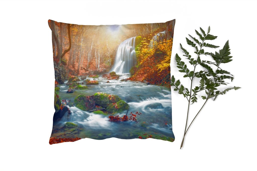 MuchoWow Zierkissen Sofakissen Wohnzimmer Dekokissen 40x40 cm Wasserfall - Sonne - Herbst - Foto Kissen - Schlafzimmer Dekoration