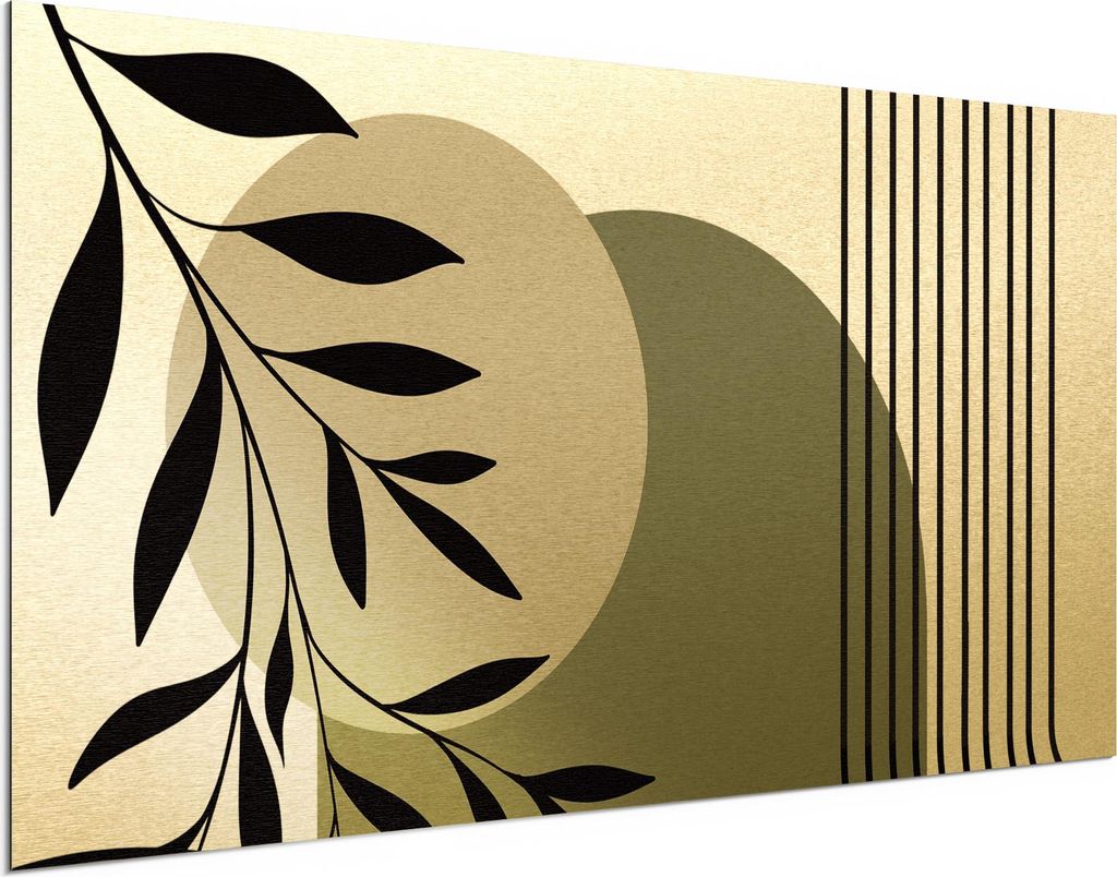 DEQORI Alu-Dibond Bild Gold 100x50 cm 'Blätter und Bögen' Wandbild Metall dünn Design