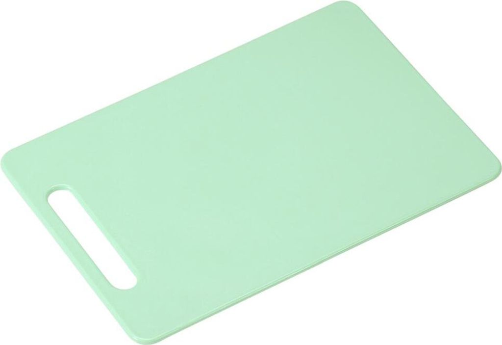A mint green cutting board with a handle is shown on a white background.