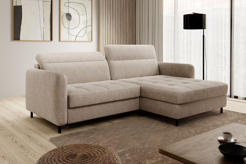 Krudox GOMSI Ecksofa L Form mit Schlaffunktion Bettkasten und Kopfstützen 228 x 165 cm Beige Links Stoff Raquel 18