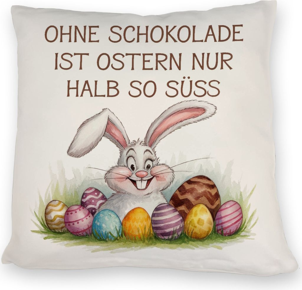 Fröhlicher Hase mit Ostereiern Kissen - Ostern ohne Schokolade halb so süß