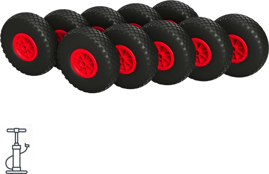 10 x Luftrad Ø 260 mm 3.00-4 Gleitlager Sliprad Sackkarrenrad Bollerwagen, schwarz/rot