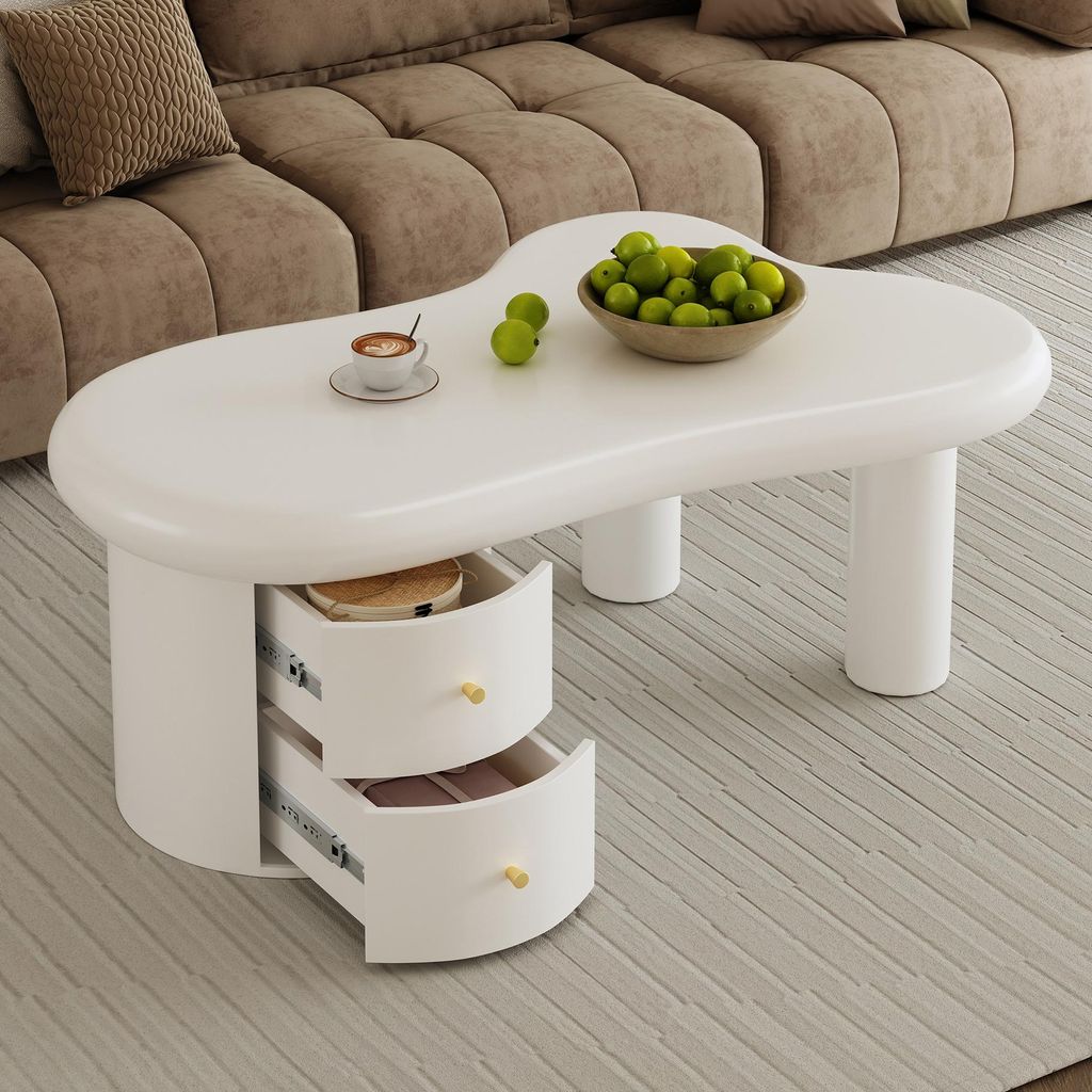 Merax Couchtisch Weiß 97x64x42cm, Unregelmäßige Form mit 2 Schubladen, Stauraum Wohnzimmertisch mit modernes MDF-Design, Kindersicher