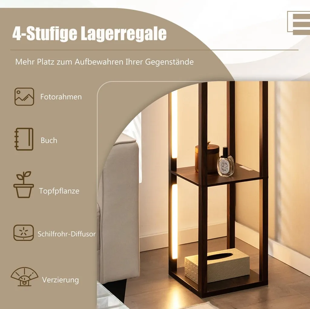 Lampadaire avec étagères bois marron et éclairage LED variable - Modèle L3 - 3