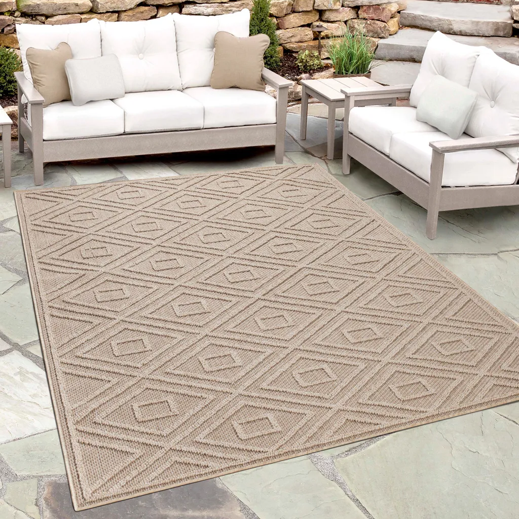 Tapis Extérieur 80x250 cm Résistant Intempéries Effet 3D Relief Beige - 2