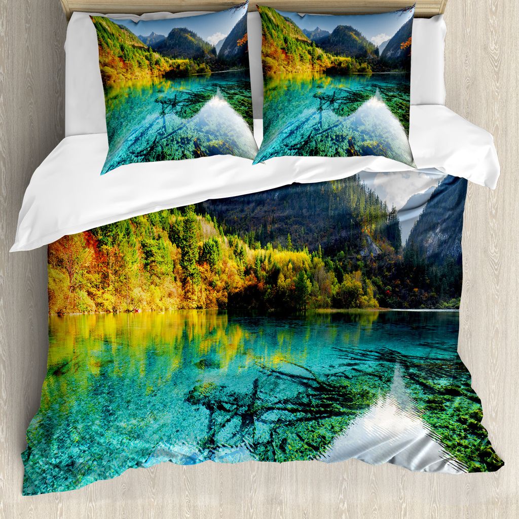 ABAKUHAUS Natur Bettbezug, Idyllische Mountain Creek, Milbensicher Allergiker geeignet mit Kissenbezügen, 155 cm x 220 cm - 80 x 80 cm, Teal Farn-...
