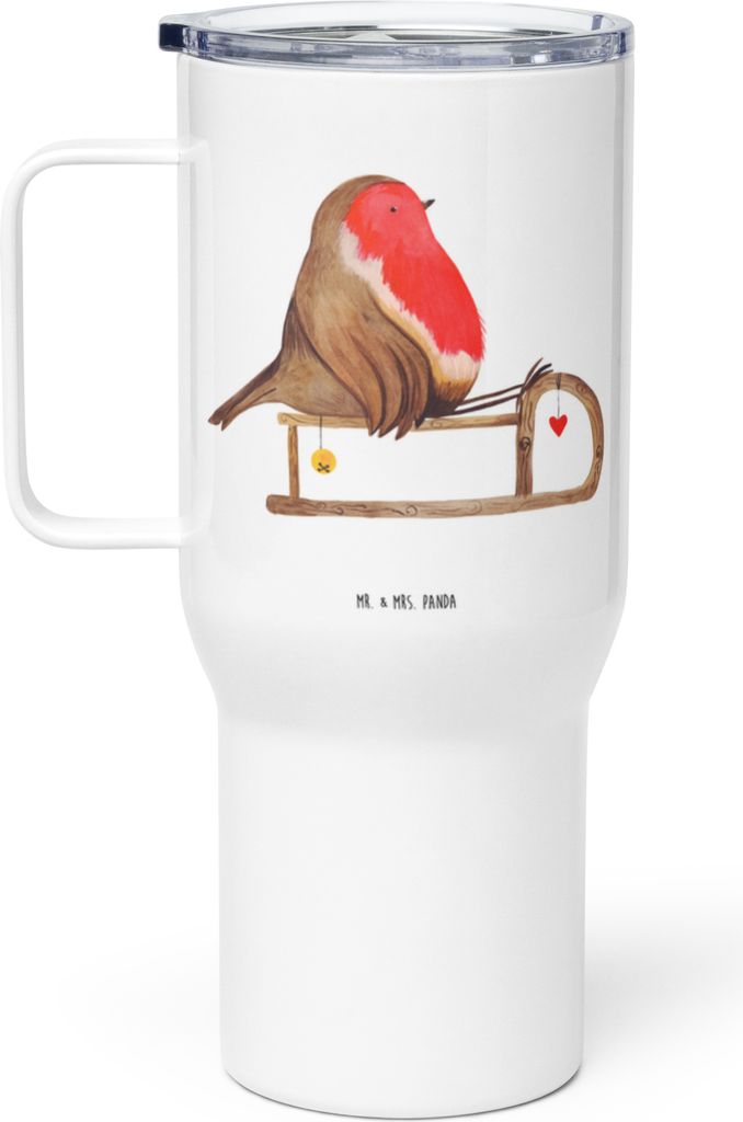 Mr. & Mrs. Panda thermosbecher Rotkehlchen Schlitten - Weiß - Geschenk, Großer Thermobecher, Edelstahl Tasse, Weihnachten, Vogel, Teetasse, Kaffe...