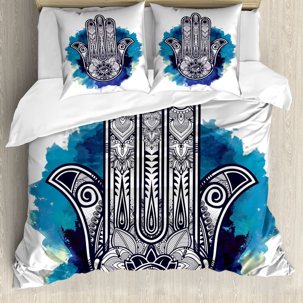 ABAKUHAUS Hamsa Bettbezug, reiche Verzierungen, Milbensicher Allergiker geeignet mit Kissenbezügen, 200 cm x 200 cm - 80 x 80 cm, Blau Indigo Weiß