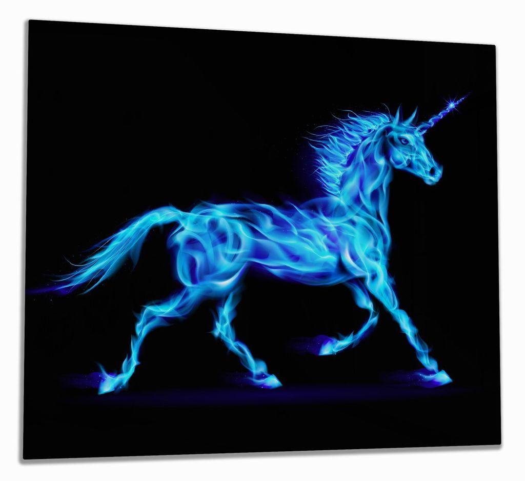 Wallario Herdabdeckplatte aus Glas, Größe 60 x 52 cm 1-teilig, Motiv Design Einhorn - aus blauen Flammen