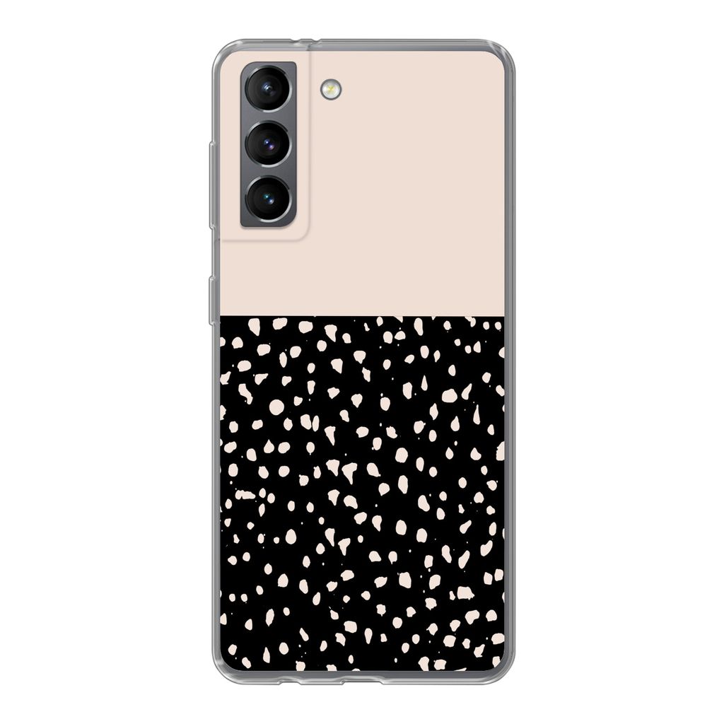MuchoWow Handyhülle Schutzhülle Hülle für Samsung Galaxy S21 Polka dots - Beige - Schwarz Silikon Softcase Handy Hülle - Softcase