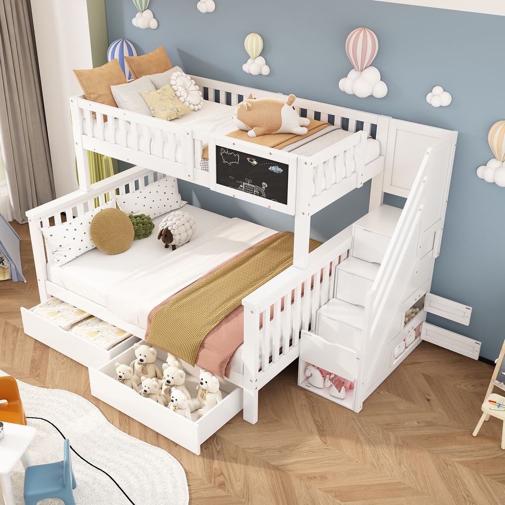 Flieks Etagenbett mit Treppe, Kinderbett 90x200cm/140x200cm mit Lattenrost, Hochbett mit Rausfallschutz, Massivholzbett Stauraumbett mit Schubladen...