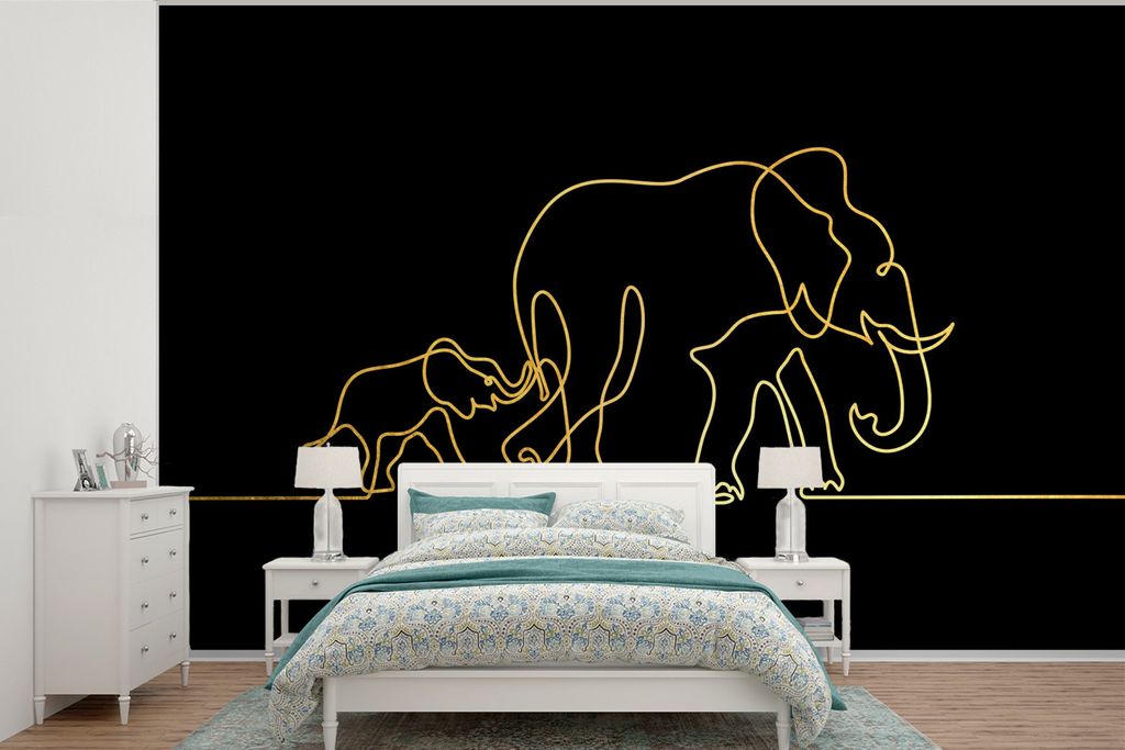 MuchoWow Fototapete für Wohnzimmer oder Schlafzimmer Wandtapete Vinyl Motivtapete Elefant - Gold - Schwarz - Minimalismus - 390x260 cm - Papiert...