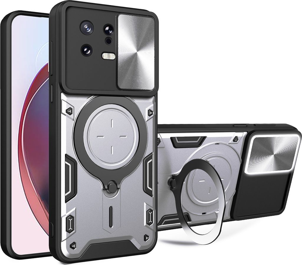 Handyhülle für Xiaomi 13 Dual-Layer Stoßfest Rüstung Hülle mit Dia Kameraschutz und Kreisförmig Ring Ständer Silber