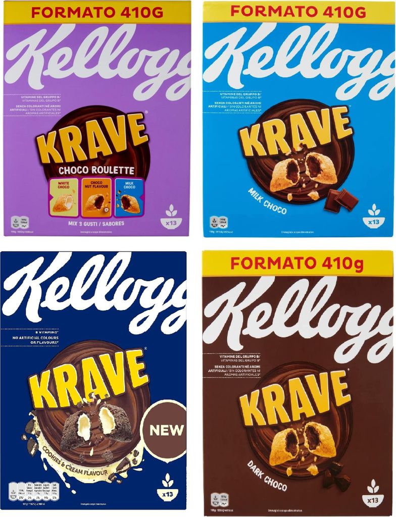 Testpaket Kellogg's Krave Cerealien Weizen-, Hafer- und Reisbündel mit Milchschokoladenfüllung 4x 410g