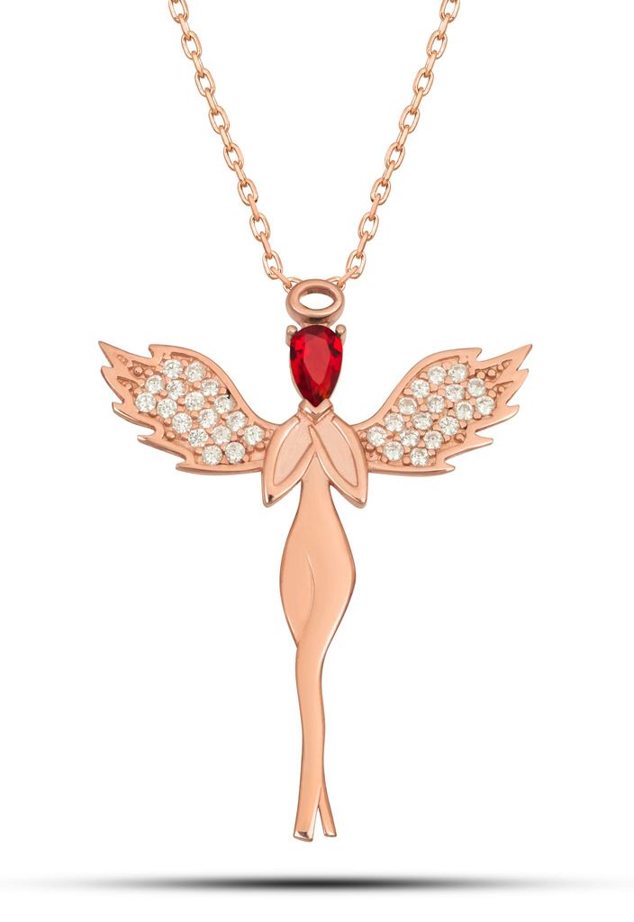 925 Sterling Silber Rosegold Fee Kette mit rotem Zirkon Anhänger