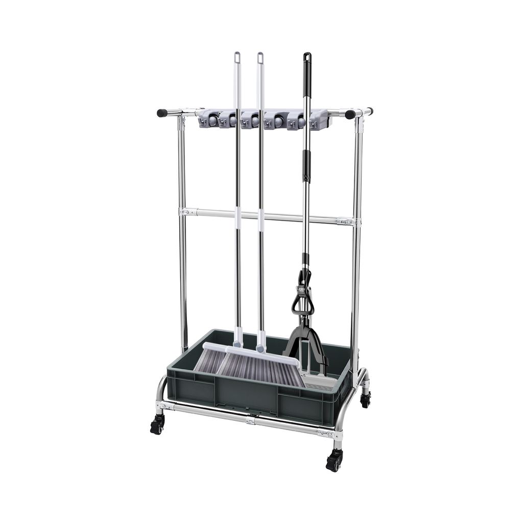 A cleaning tool organizer stand with mops and a broom.