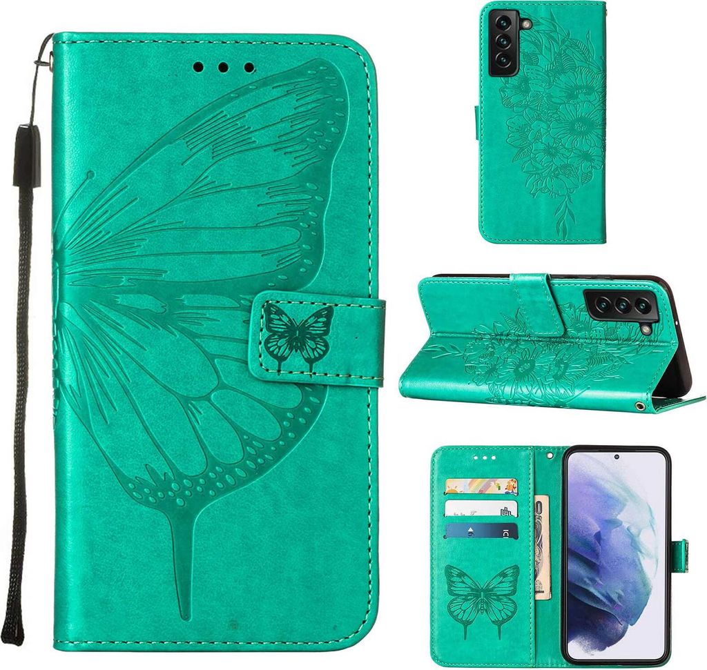Galaxy S23 Plus Hülle, Schmetterling Prägung Flip Leder Kartenfächer Schutzhülle Ledertasche mit Ständer für Samsung Galaxy S23 Plus Grün