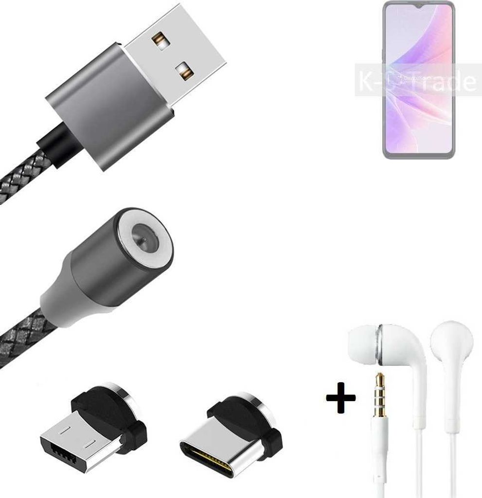 K-S-Trade Hochwertiges Magnet-Lade-kabel Sync-Kabel Daten-Kabel + Kopfhörer kompatibel mit Oppo A77 5G mit USB-Typ-C-Anschluss und