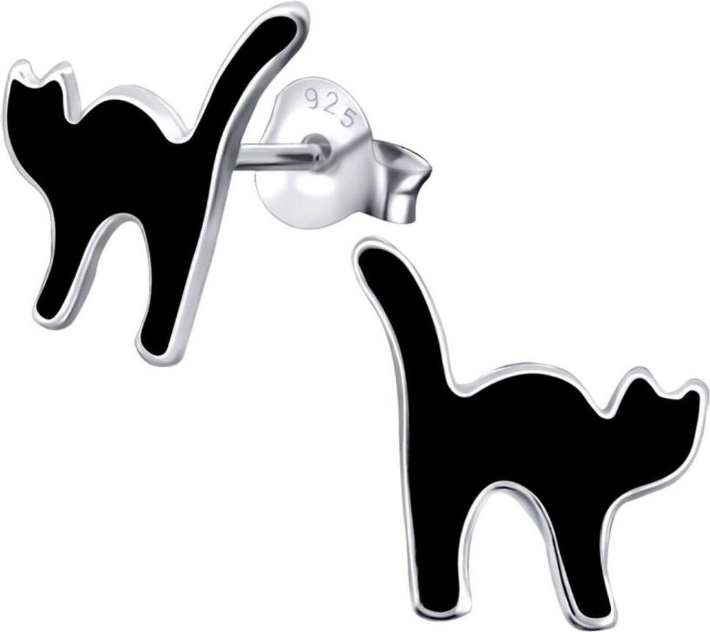 925 Sterling Silber Ohrstecker Katzen in weiß oder schwarz Farbe - Schwarz