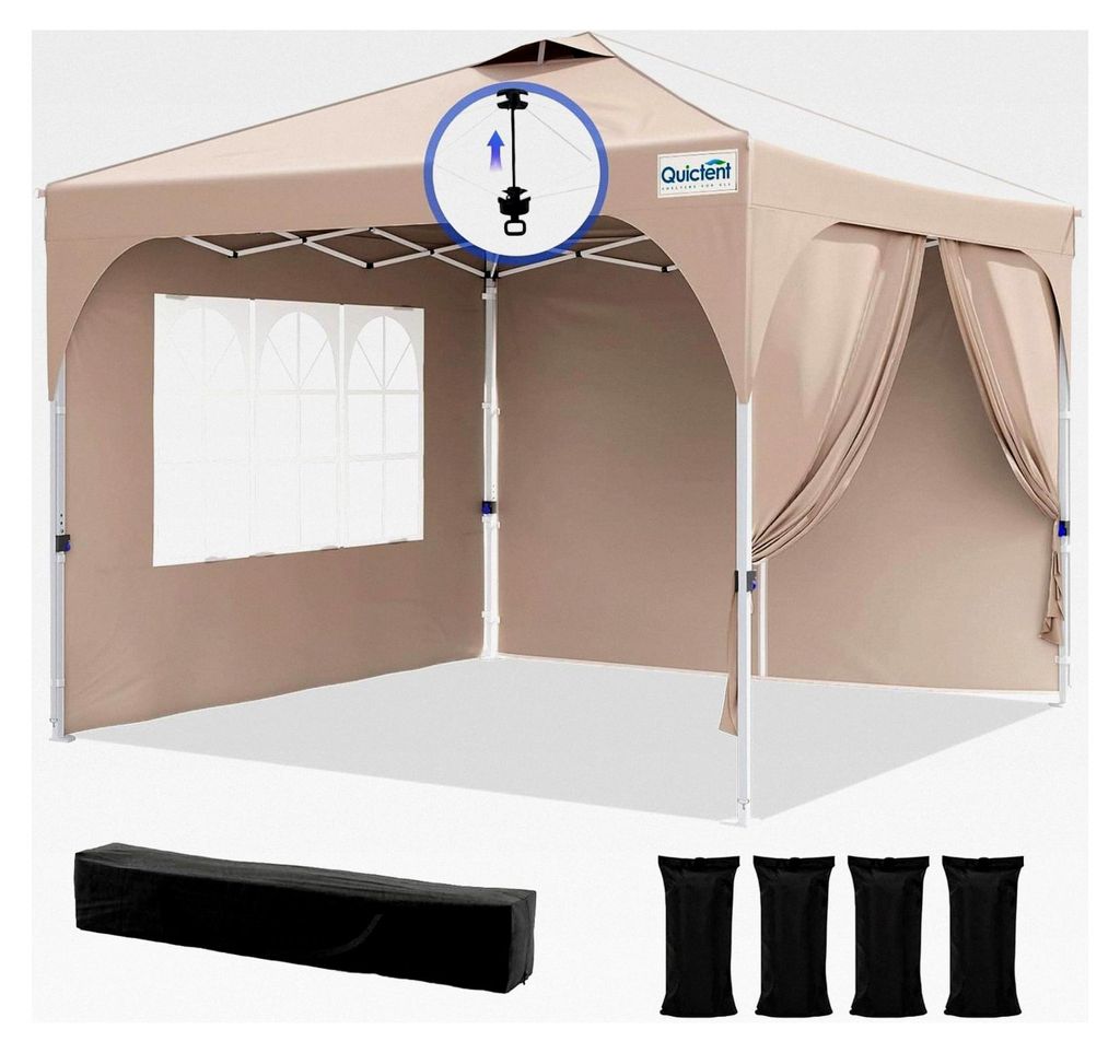 Pop-up Pavillon 3x3m, Faltpavillon für Garten, Partyzelt mit 3 abnehmbaren Fensterseiten, wasserdicht, Tragetasche, Beige