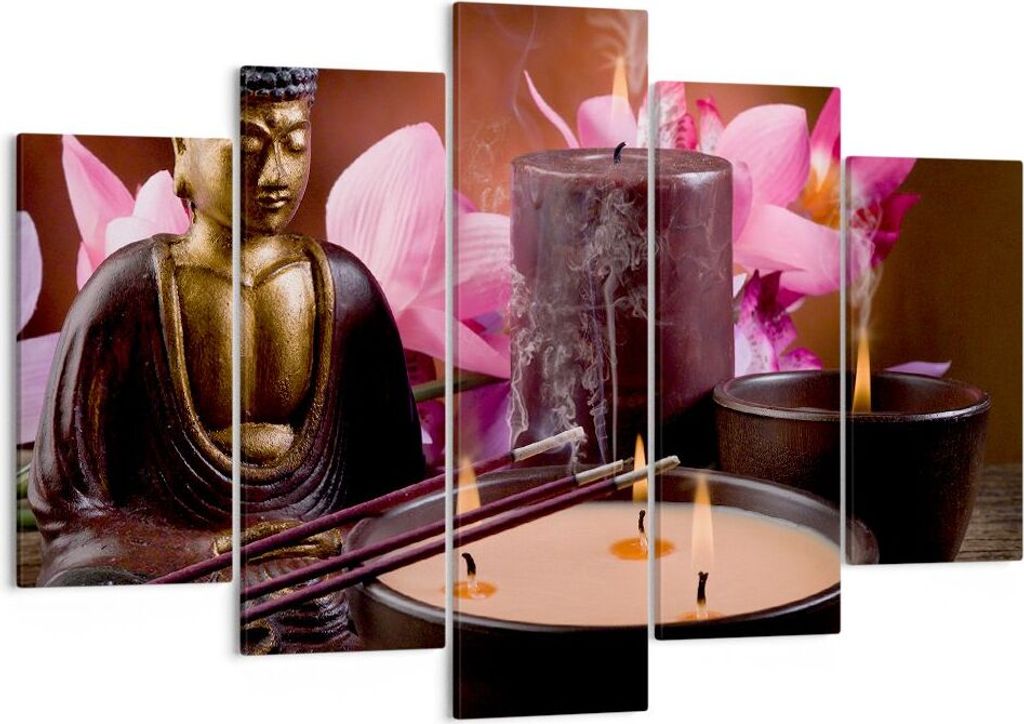 Bild auf Leinwand - Leinwandbild - Buddha Kerzen Religion - 150x100cm - Wand Bild - Wanddeko - Leinwanddruck - Bilder - Kunstdruck - Wanddekoration...