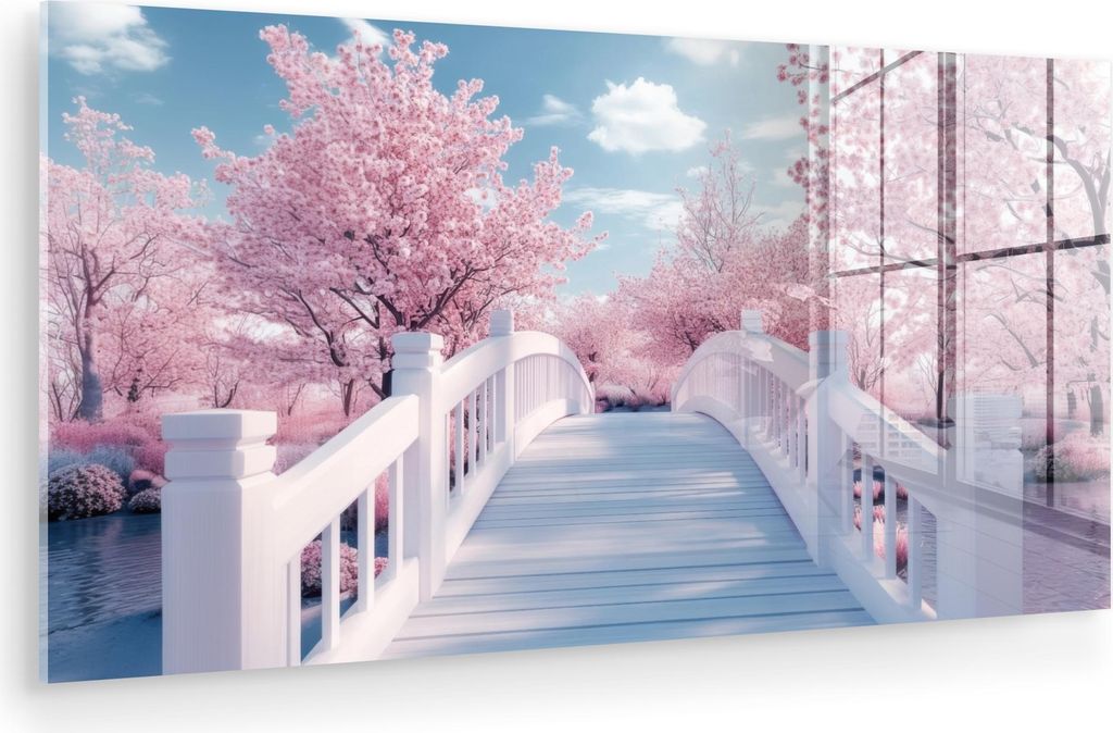 MuchoWow Glasbilder - Bilder auf Wandbild - Foto auf Glas Brücke - Kirschbäume - Weiß 80x40 cm Wanddekoration aus Glas - Acrylglasbild - Acrylbi...