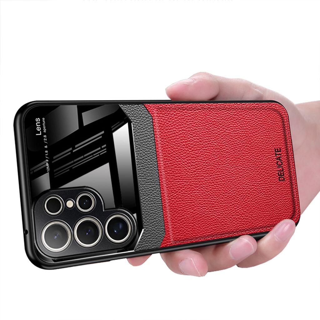 Galaxy S25 Ultra Hülle, TPU Anti-rutsch Leder Glas Len Hybrid Schutzhülle für Samsung Galaxy S25 Ultra Rot