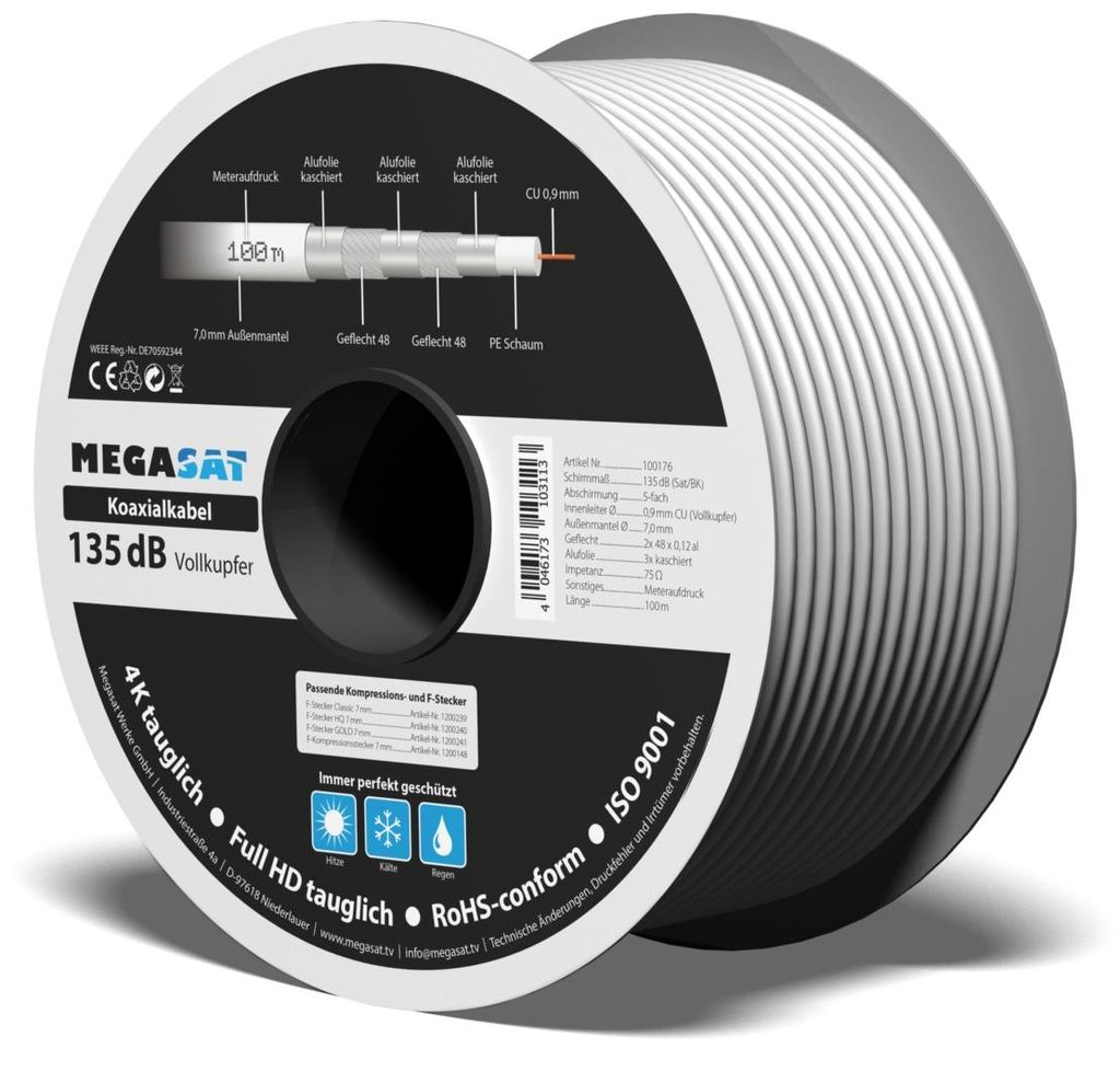 Megasat koaxiálny kábel 135dB 5-násobne tienený medený 100m Obrázok produktu 