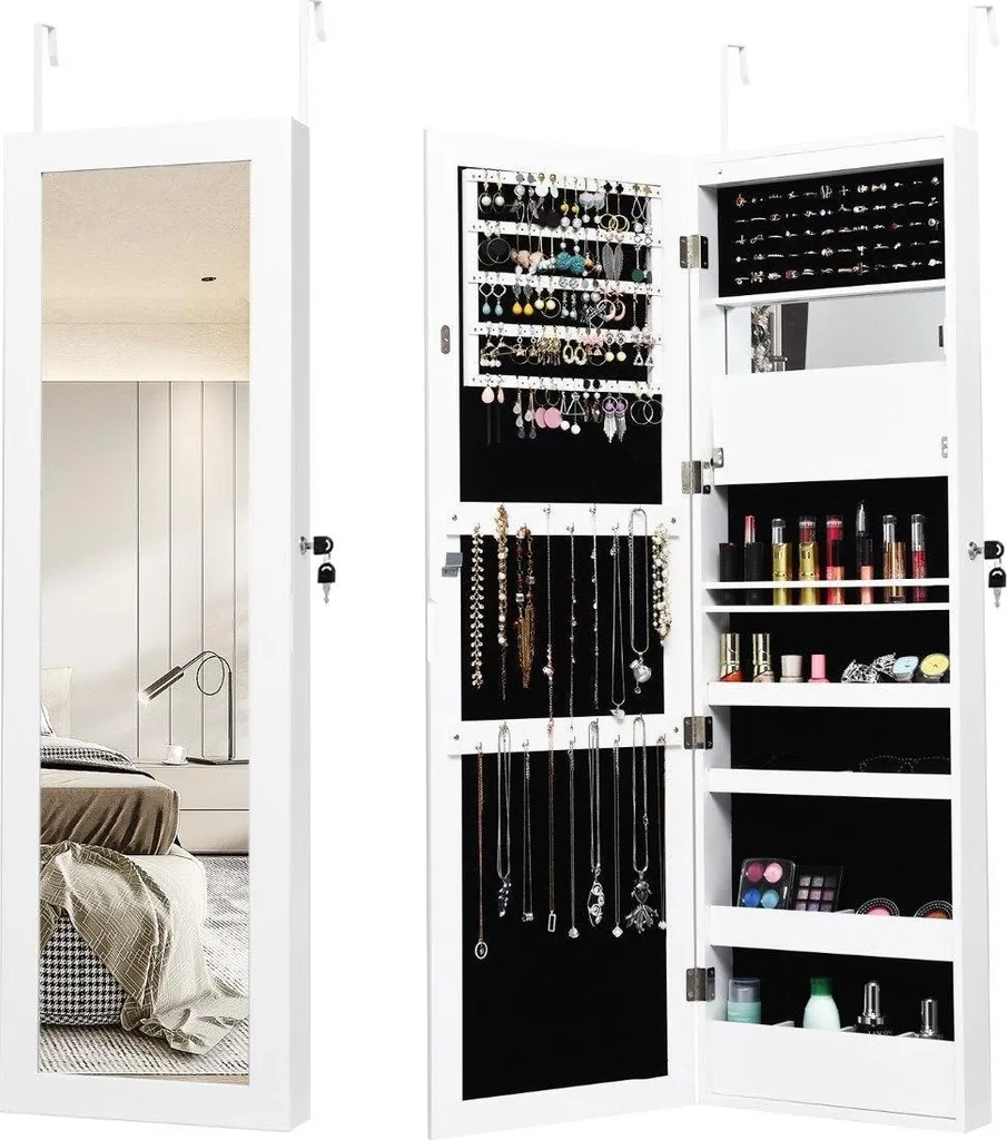 Psyché armoire à bijoux lumineuse LED en bois blanc avec rangement sécurisé