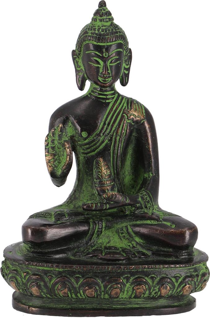 Buddha Statue aus Messing Amoghasiddhi Buddha 11 cm - Modell 17, Grün, Buddhas
