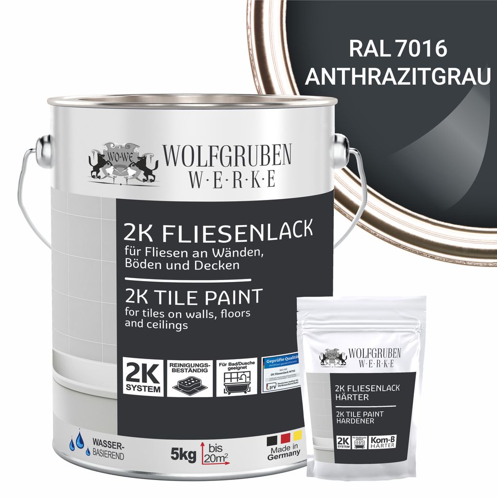 2K Fliesenlack Fliesenfarbe Bodenfliesen MATT W712 Anthrazitgrau RAL 7016 - 5Kg