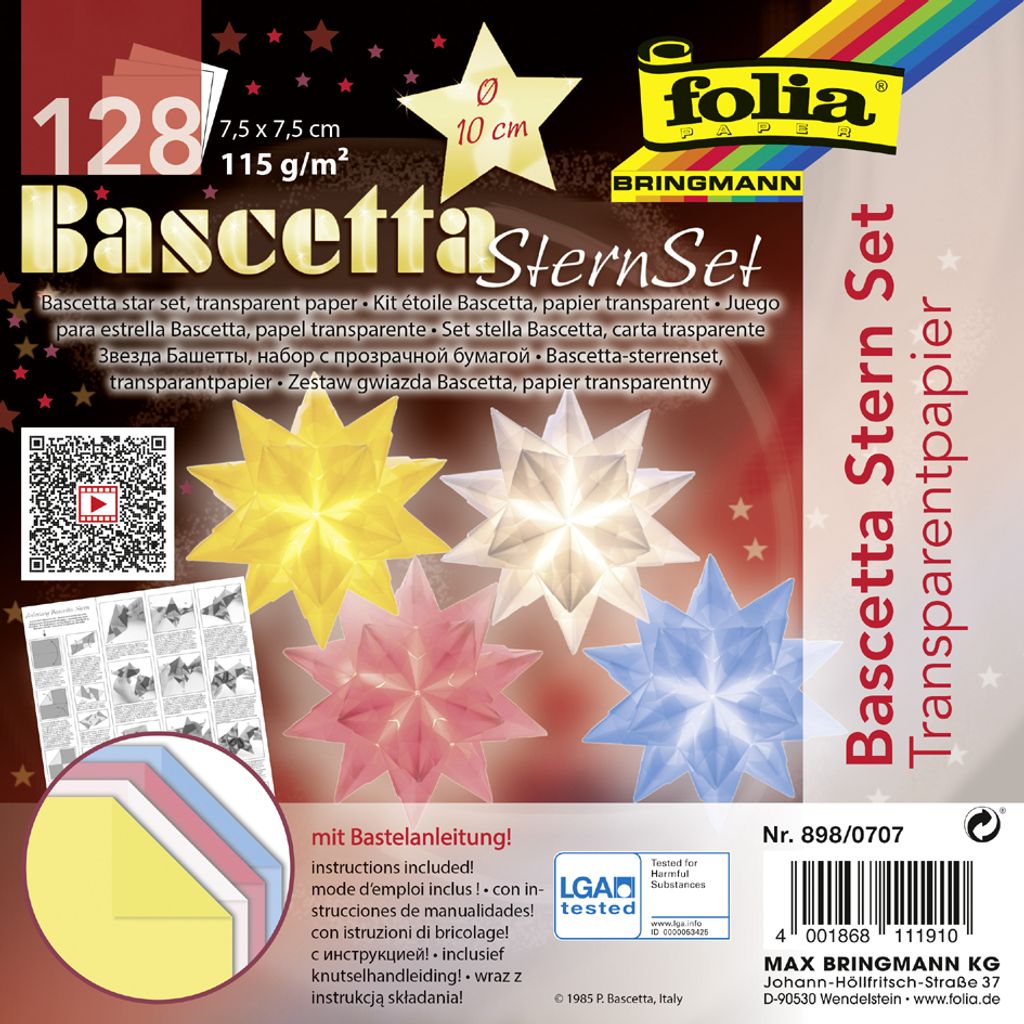The image shows the packaging for a set of Bascetta star papers, with examples of the finished stars displayed.