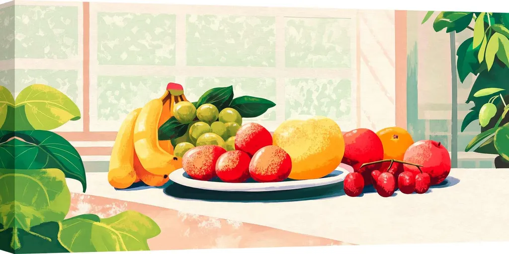 Natura morta moderna – Stampa su tela – Hernan Navarro – Tavolo con frutta e finestra – 70 x 35 cm