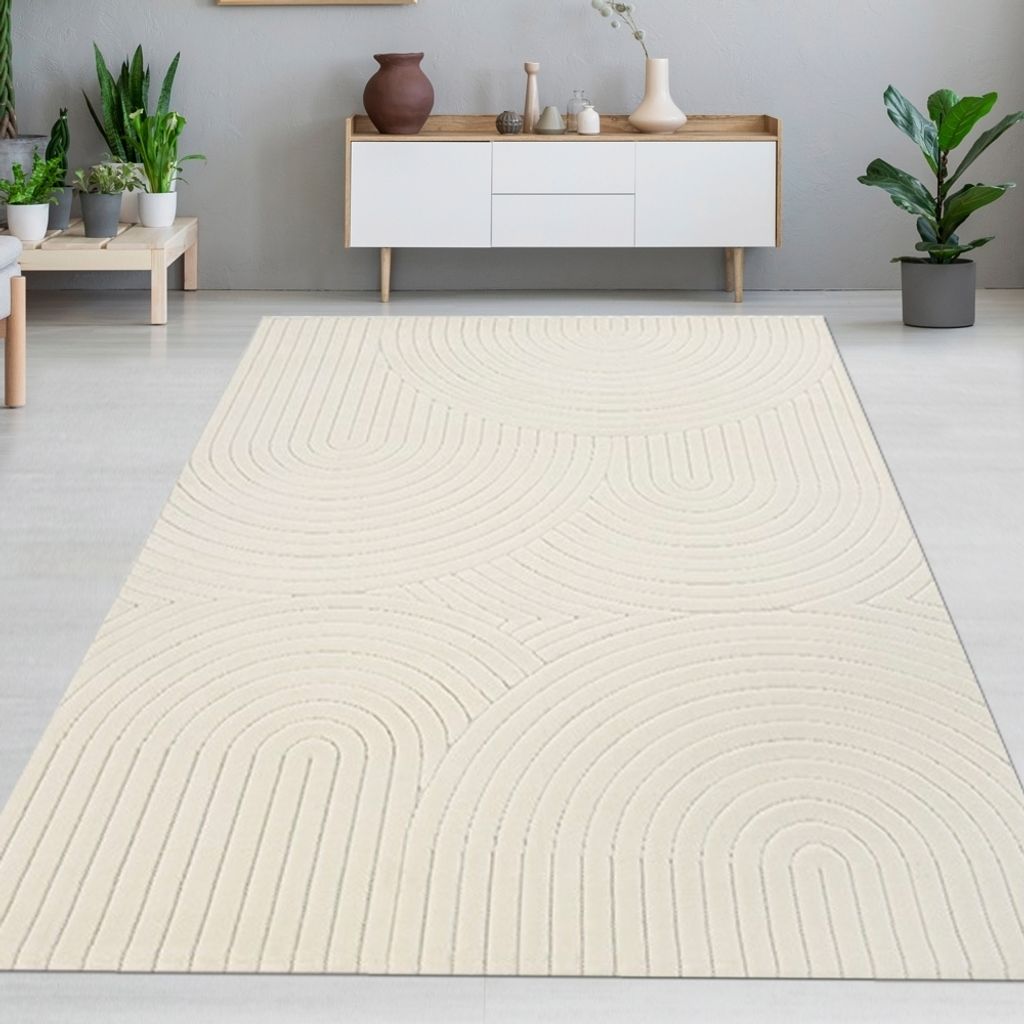 Wohlfühlender niedriger Wohnzimmerteppich mit halbrundem Linienmuster in Creme Größe - 240 x 340 cm