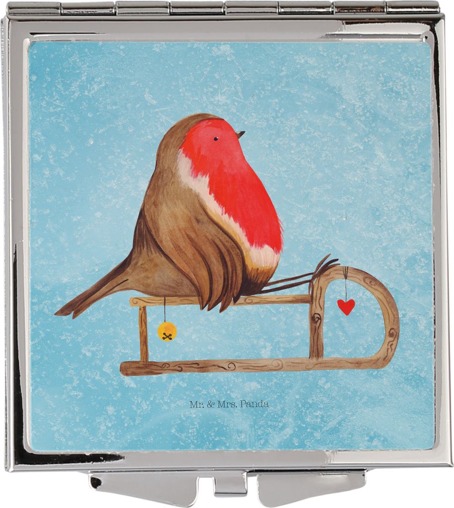 Mr. & Mrs. Panda Kleiner Spiegel Rotkehlchen Schlitten - Eisblau - Geschenk, Schminkspiegel, Reise, Reisespiegel, Weihnachten, Taschenspiegel, Voge...