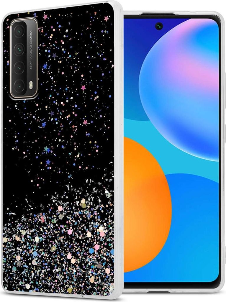Cadorabo Hülle für Huawei P SMART 2021 in Schwarz mit Glitter Schutzhülle aus flexiblem TPU Silikon mit funkelnden Glitter Case Cover Etui Handy...
