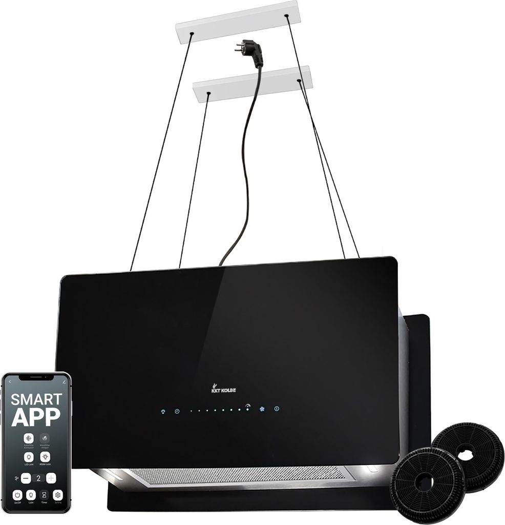 KKT KOLBE Dunstabzugshaube 60 cm 764 cbm/h Umluft | Smart WLAN WiFi App | Inselhaube freihängend | Deckenmontage | Edelstahl | Schwarz Glas | LED-...
