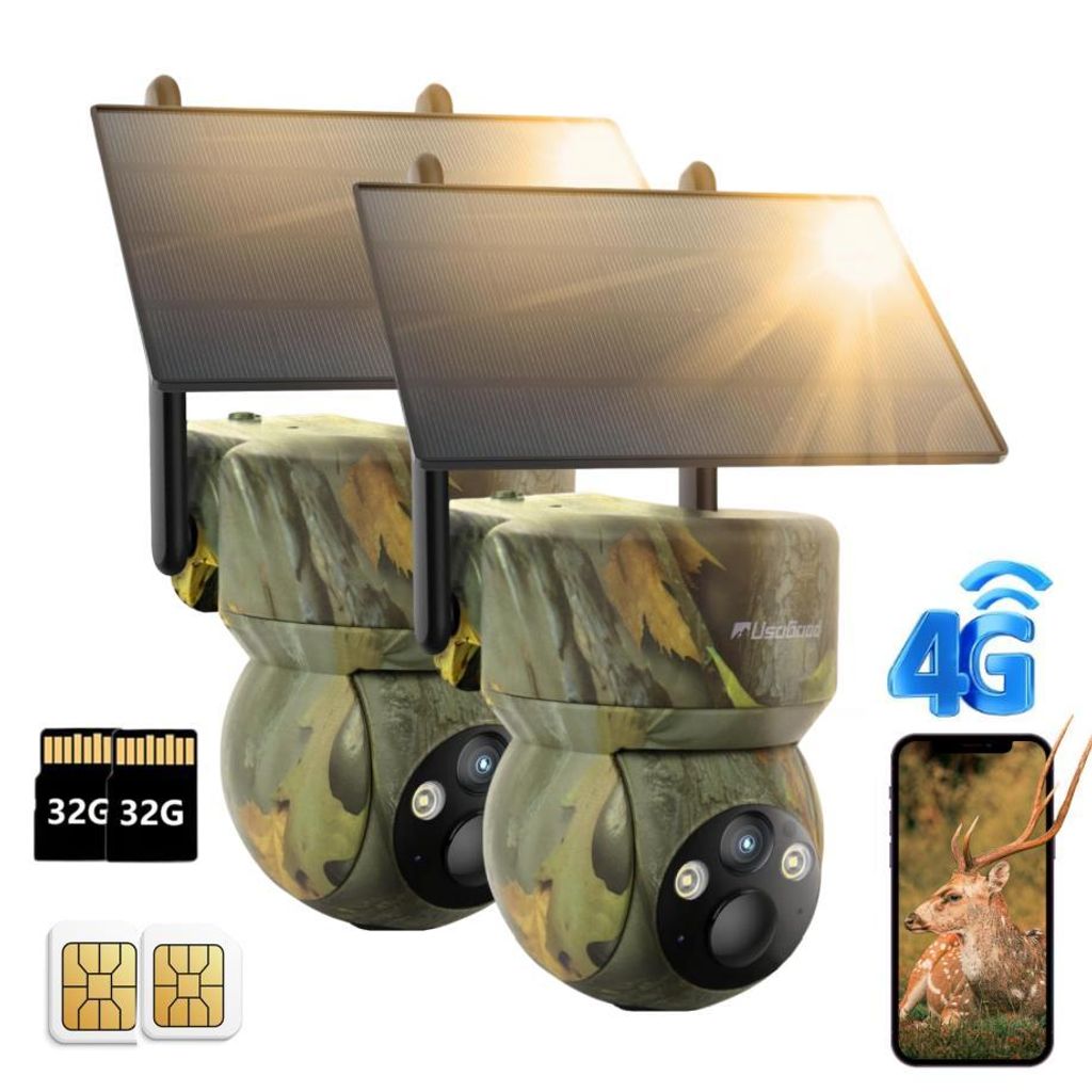 usogood 4G LTE Wildkamera Solar 360°2K Solar Wildkamera mit SIM Karte und 32 GB Speicherkarte handyübertragung app wasserdicht 7800mAh Akku 2PC