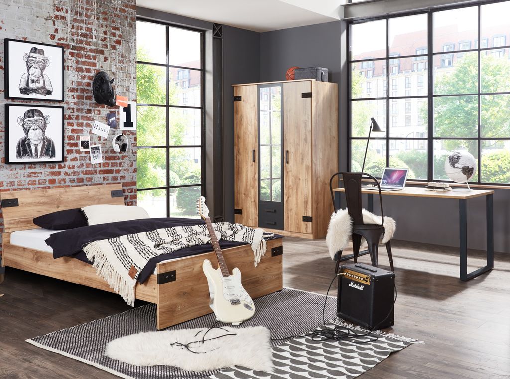 Jugendzimmer Liverpool 3 teiliges Komplett Set in Plankeneiche und Graphit - Kinderzimmer Möbel Teenager Zimmer Jungs und Mädchen