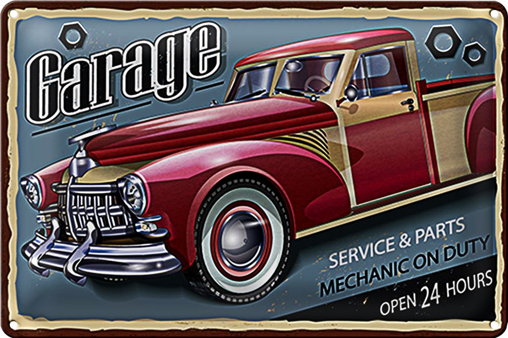 Blechschild Retro 40x30cm Auto Garage service parts open 24