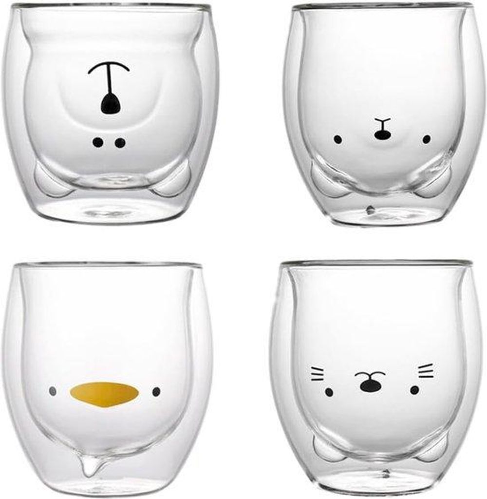 Doppelwandige Gläser, 250 ml, Set aus 4, isoliertes Glas, Espressokop, Mok, Geschenkset für Kinder, vier Tierschmuckmotive