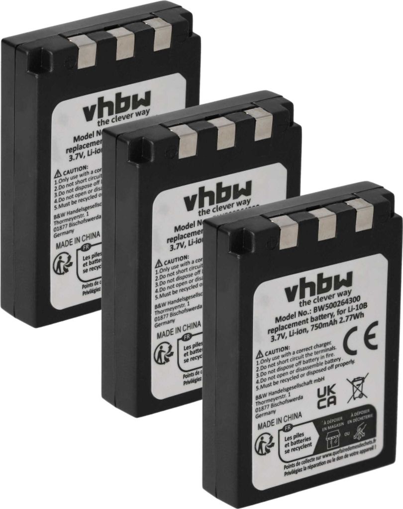 vhbw 3x Akku kompatibel mit Sanyo Xacti VPC-J2 EX, VPC-J1 EX, VPC-MZ3 EX, VPC-AZ3 EX Kamera (750 mAh, 3,7 V, Li-Ion)