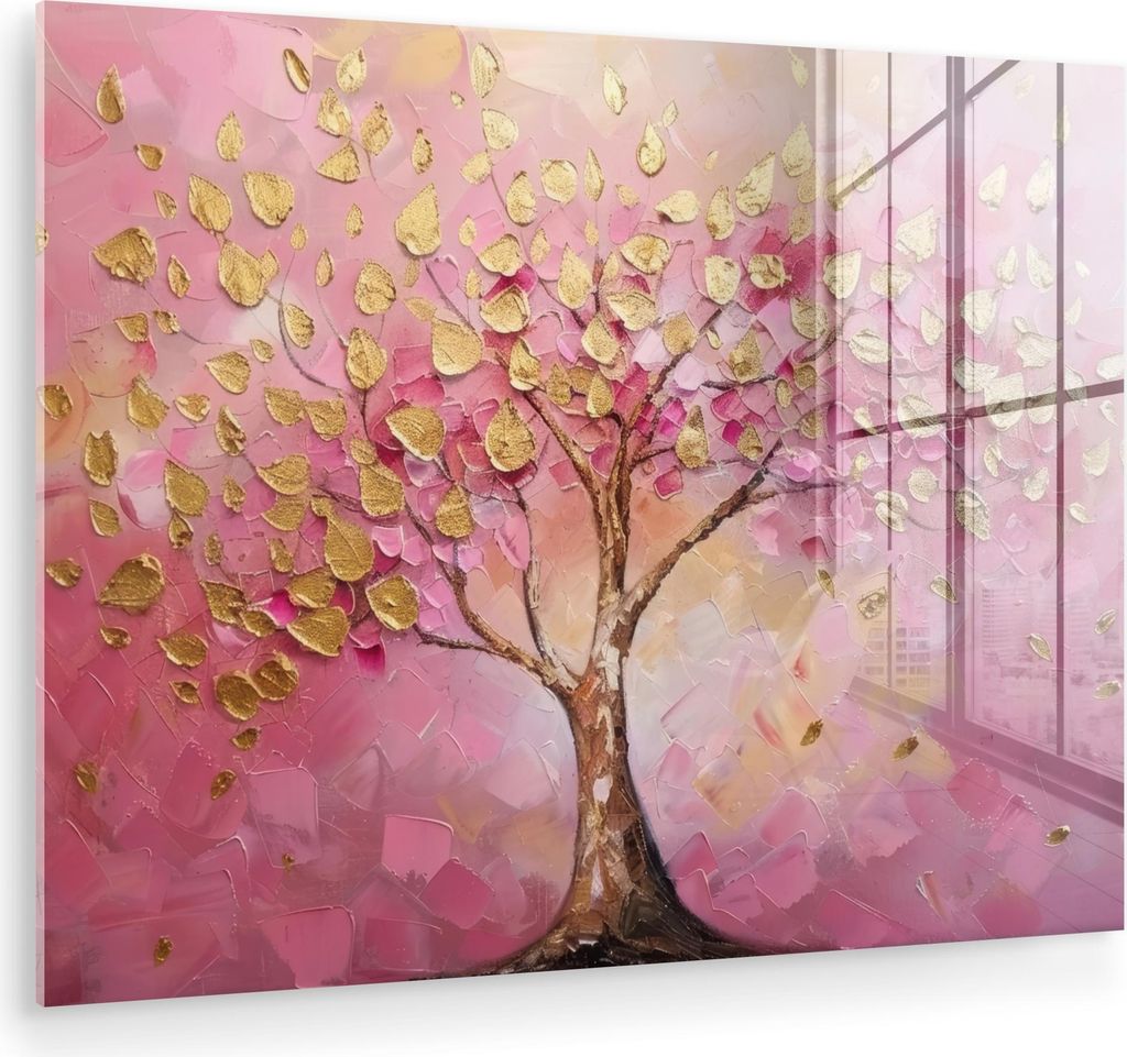MuchoWow Glasbilder - Bilder auf Wandbild - Foto auf Glas Baum - Rosa - Gold - Modern 80x60 cm Wanddekoration aus Glas - Acrylglasbild - Acrylbilde...