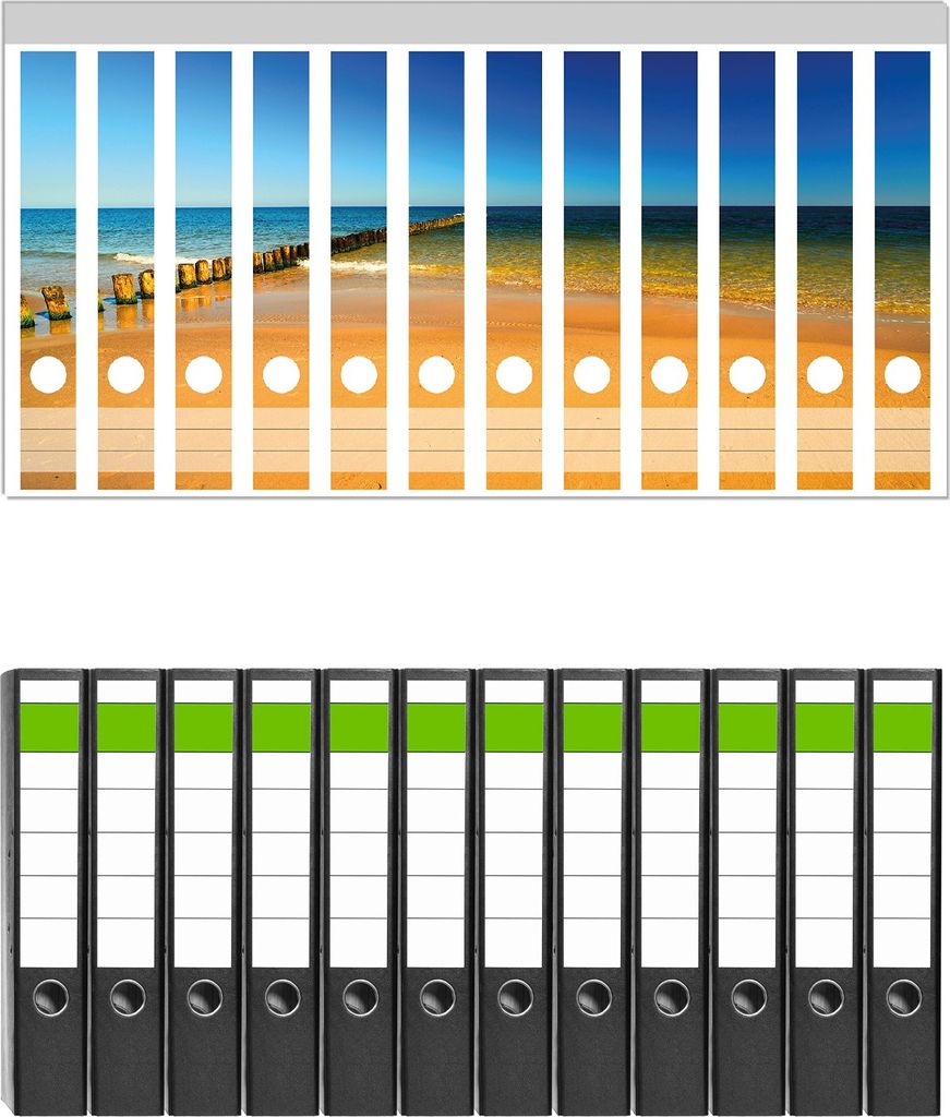 Wallario 12 Stück schmale Ordner inkl. Klebeetiketten mit Motive Sandstrand in orange - Blaues Meer - Blauer Himmel - Set mit Rückenschildern / O...