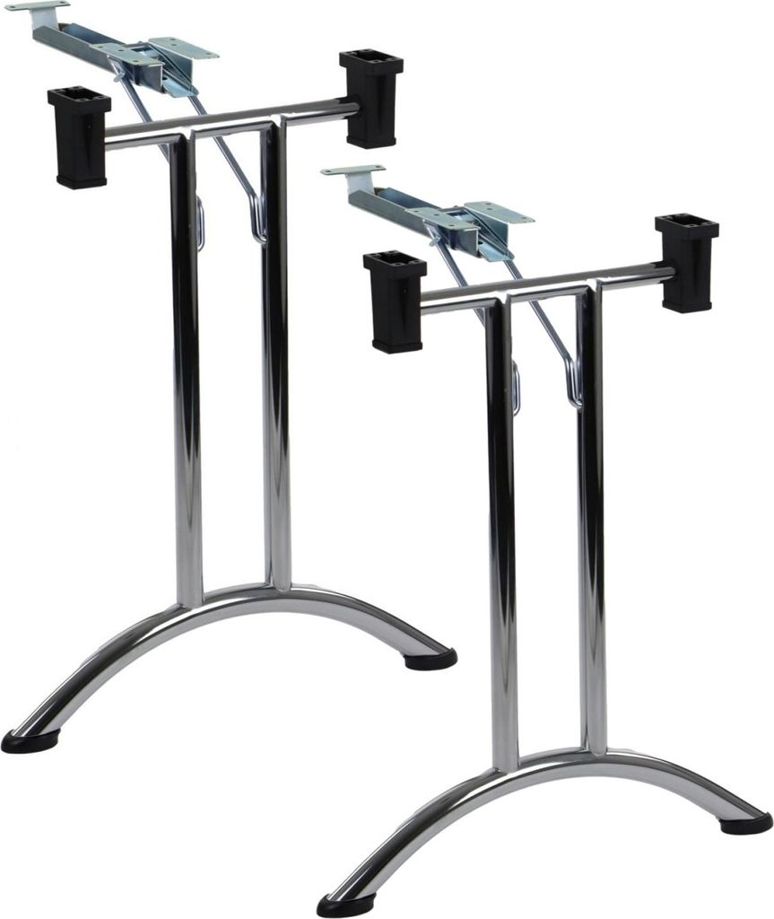 Two chrome table bases against a white background.